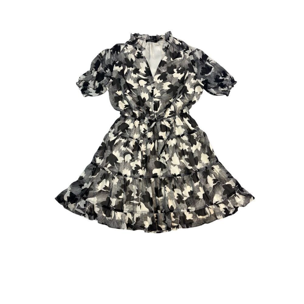 Lauren Ralph Lauren Women Silk Floral Dress Black White Short Sleeve